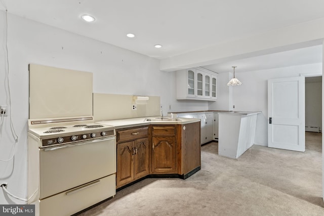 kitchen featuring white range with electric stovetop, decorative light fixtures, white cabinetry, light colored carpet, and baseboard heating