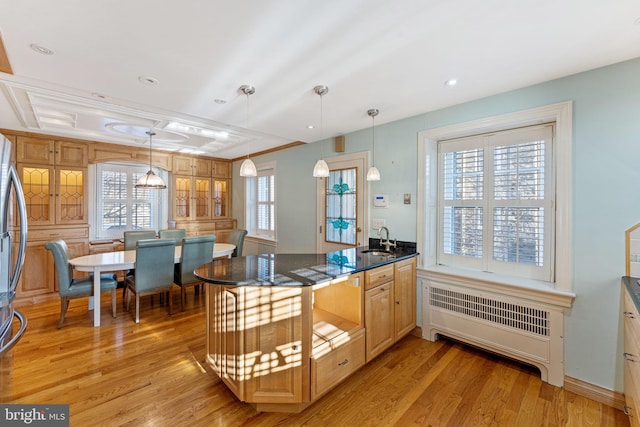 kitchen featuring pendant lighting, radiator, light hardwood / wood-style flooring, and sink