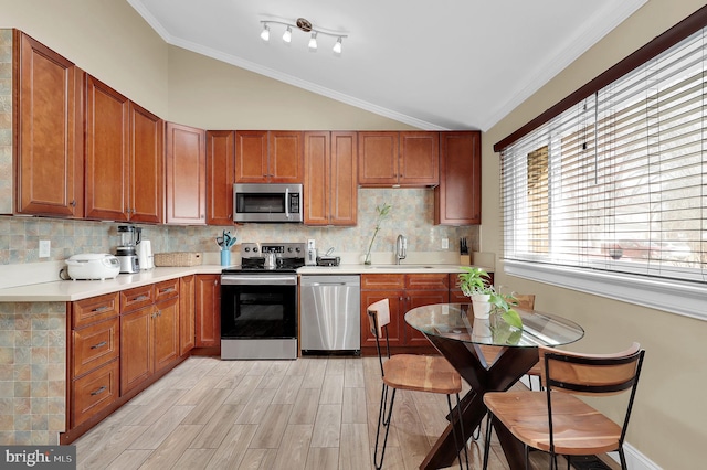 kitchen with sink, backsplash, vaulted ceiling, and stainless steel appliances