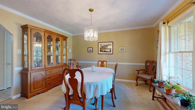 carpeted dining area with crown molding and an inviting chandelier