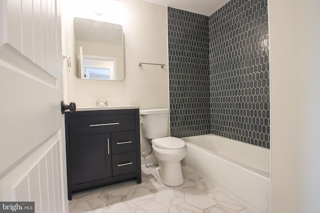 full bath featuring marble finish floor, toilet, bathing tub / shower combination, and vanity