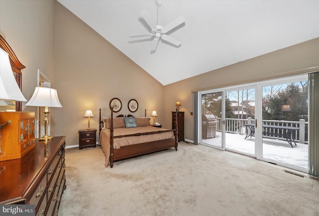 bedroom with ceiling fan, access to exterior, high vaulted ceiling, and carpet flooring