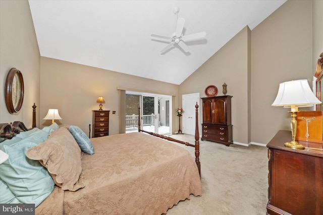 bedroom featuring ceiling fan, high vaulted ceiling, access to exterior, and light carpet