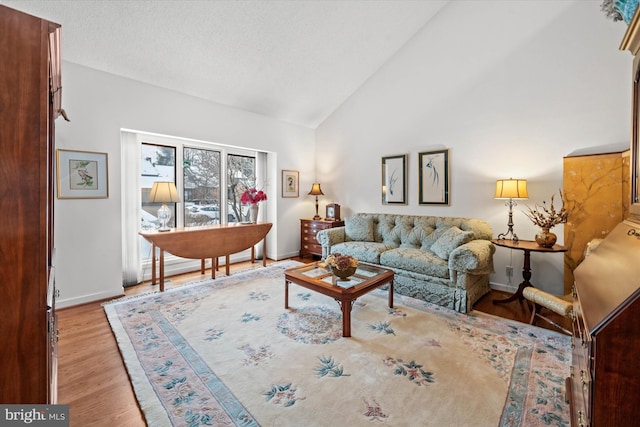 living room featuring high vaulted ceiling and light wood-type flooring