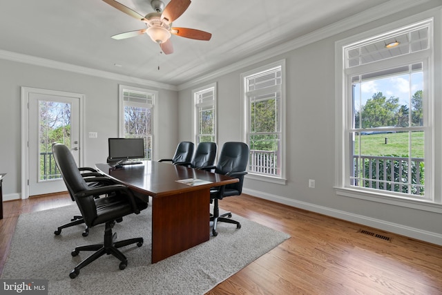 office featuring crown molding, light hardwood / wood-style flooring, and ceiling fan