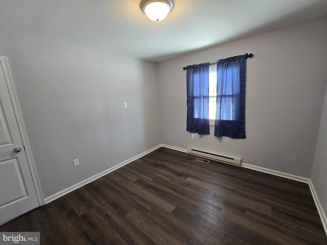 unfurnished room featuring a baseboard radiator and dark wood-type flooring