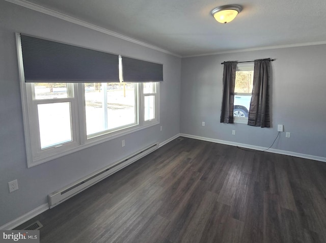 unfurnished room with a baseboard radiator, dark wood-type flooring, and ornamental molding