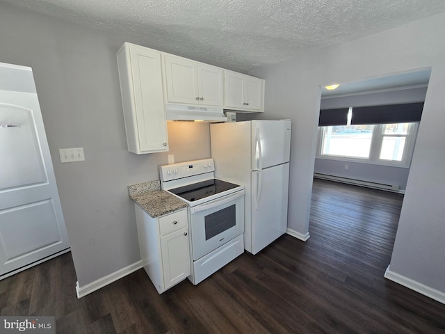 kitchen with white cabinetry, dark wood-type flooring, white appliances, and a baseboard heating unit