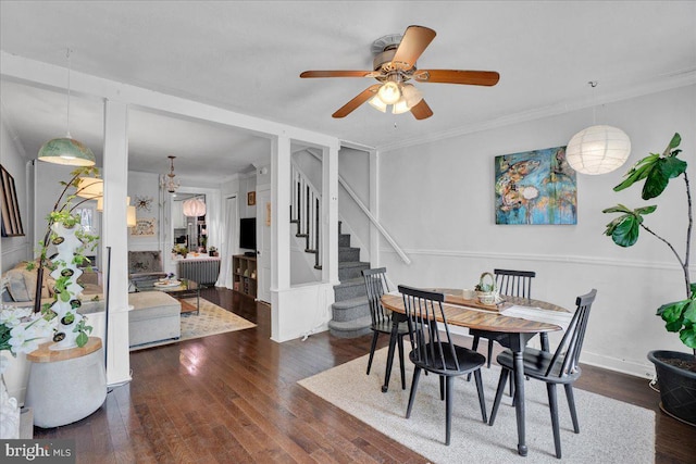 dining area featuring crown molding, dark wood-type flooring, and ceiling fan