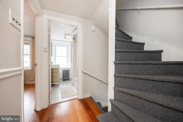 staircase with vaulted ceiling, radiator, and hardwood / wood-style floors