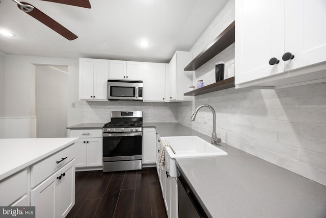 kitchen featuring sink, ceiling fan, appliances with stainless steel finishes, white cabinetry, and dark hardwood / wood-style flooring