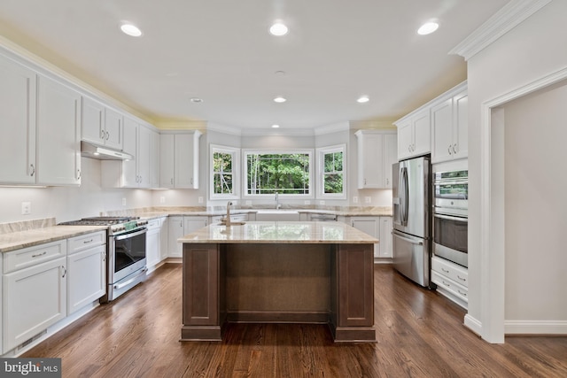 kitchen with a center island with sink, white cabinets, dark hardwood / wood-style flooring, and stainless steel appliances