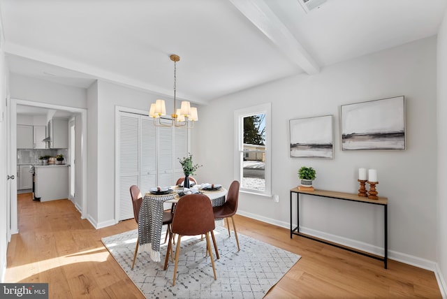 dining area with light wood-type flooring, beam ceiling, and an inviting chandelier