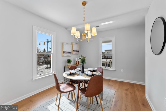 dining room with light hardwood / wood-style flooring, an inviting chandelier, and a healthy amount of sunlight