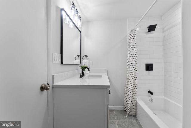 bathroom with shower / bath combo, tile patterned flooring, and vanity