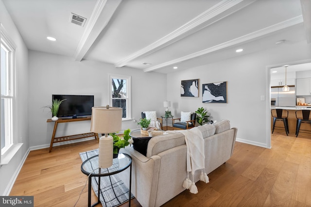 living room featuring light hardwood / wood-style floors, beam ceiling, and a healthy amount of sunlight