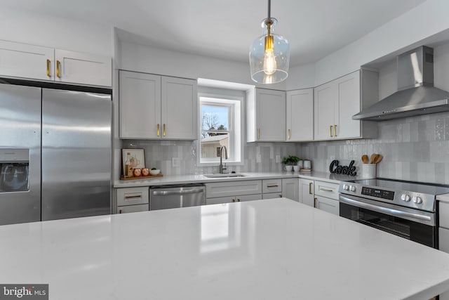 kitchen featuring wall chimney exhaust hood, sink, tasteful backsplash, and stainless steel appliances