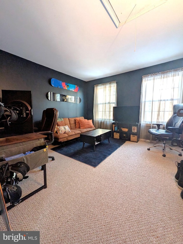 living room featuring carpet flooring and a healthy amount of sunlight