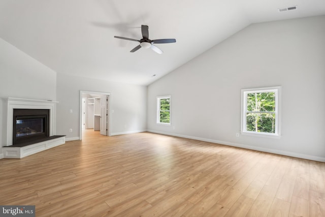 unfurnished living room with plenty of natural light, light hardwood / wood-style flooring, high vaulted ceiling, and ceiling fan