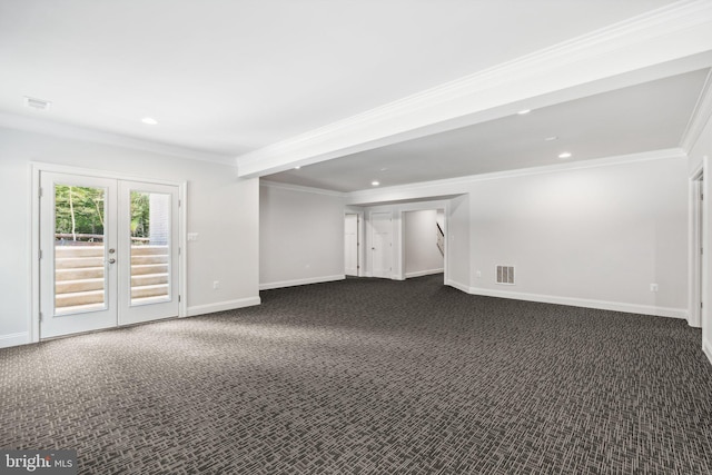 basement with crown molding, dark carpet, and french doors