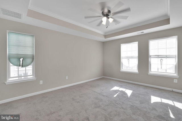 unfurnished room with light colored carpet, ceiling fan, and a raised ceiling