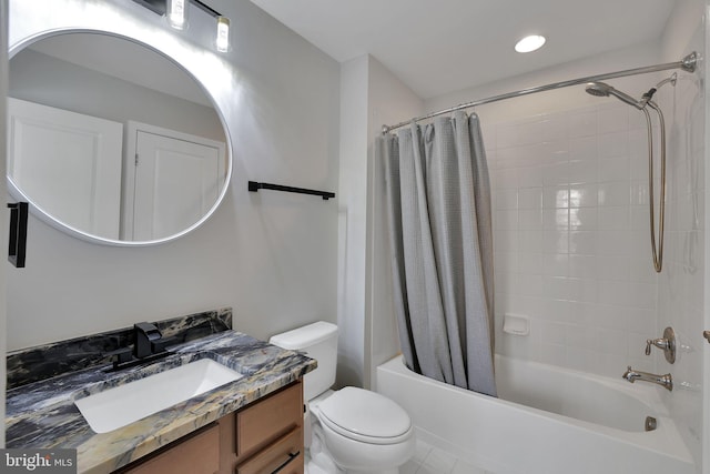 full bathroom with vanity, toilet, and shower / bath combination with curtain