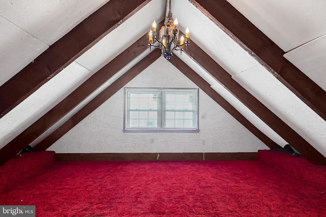 additional living space featuring carpet floors, a chandelier, and vaulted ceiling