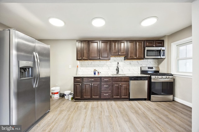 kitchen with sink, stainless steel appliances, dark brown cabinetry, and tasteful backsplash