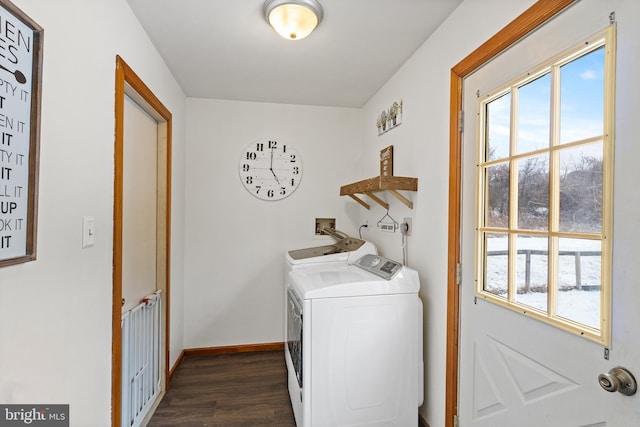 laundry area featuring plenty of natural light, dark hardwood / wood-style floors, and washing machine and dryer