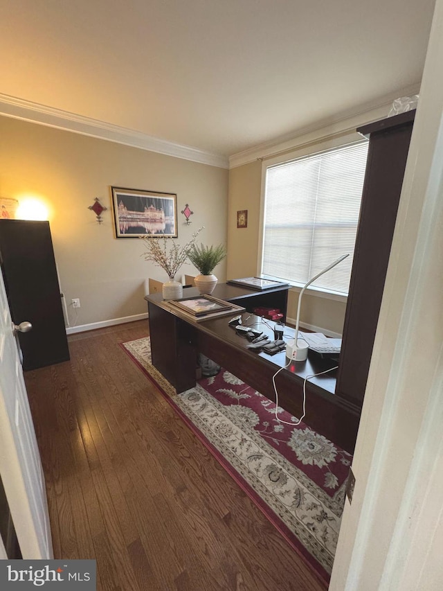 home office featuring dark wood finished floors, crown molding, and baseboards