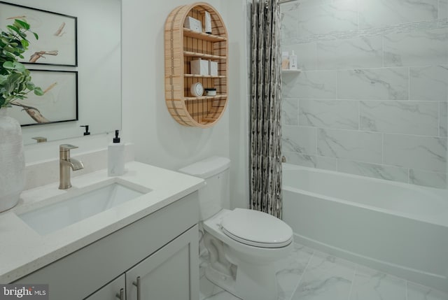 full bathroom with tiled shower / bath combo, vanity, and toilet