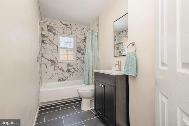 full bathroom with toilet, shower / bath combination with curtain, tile patterned floors, and vanity