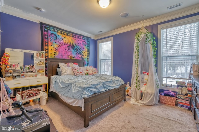 bedroom with light colored carpet and ornamental molding