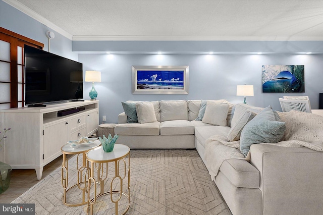 living room with crown molding, light hardwood / wood-style floors, and a textured ceiling