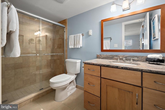 bathroom with vanity, an enclosed shower, tile patterned floors, and toilet