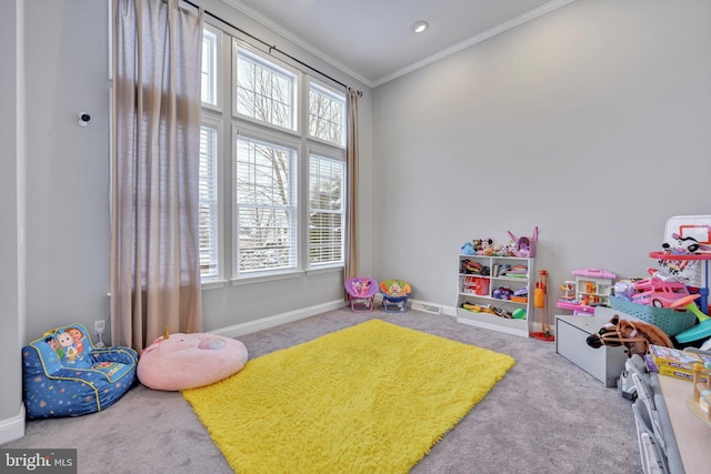 playroom featuring crown molding and carpet floors