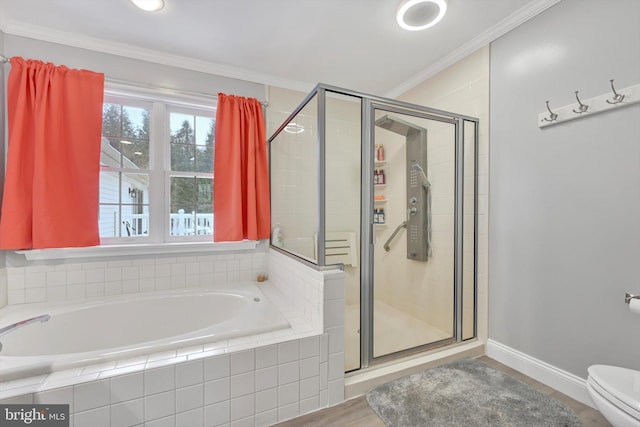 bathroom featuring wood-type flooring, toilet, crown molding, and separate shower and tub