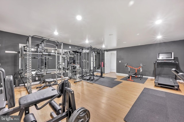 exercise room featuring hardwood / wood-style floors