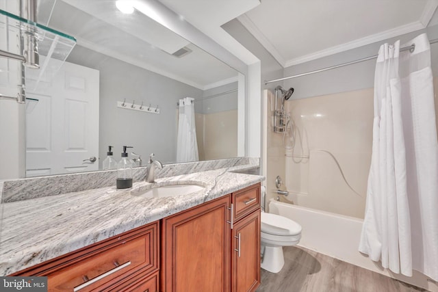 full bathroom featuring toilet, shower / tub combo, hardwood / wood-style flooring, ornamental molding, and vanity