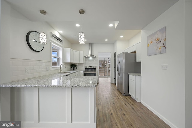 kitchen featuring kitchen peninsula, pendant lighting, sink, white cabinets, and stainless steel appliances