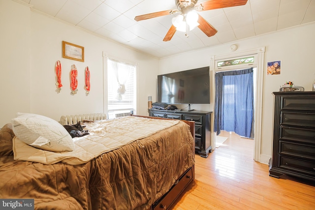 bedroom featuring crown molding, ceiling fan, and light wood-type flooring