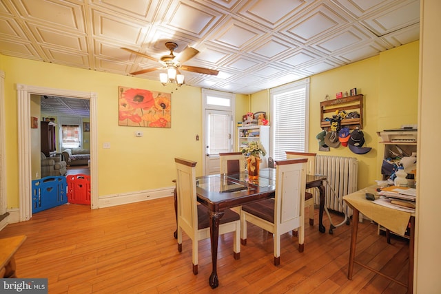 dining room featuring ceiling fan, radiator, and light hardwood / wood-style flooring