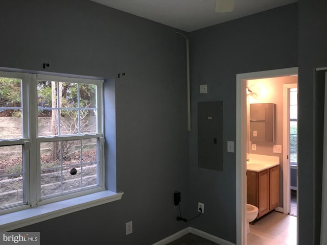 bedroom with multiple windows, sink, and electric panel