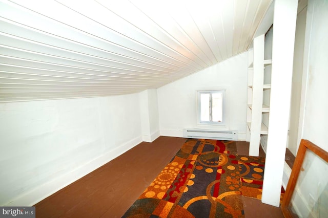 bonus room with a baseboard radiator, lofted ceiling, dark hardwood / wood-style floors, and wooden ceiling