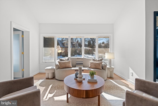 living room with a wealth of natural light and light hardwood / wood-style flooring