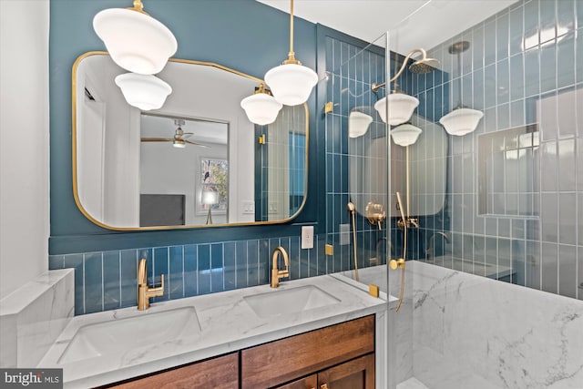 bathroom featuring a shower, backsplash, and vanity