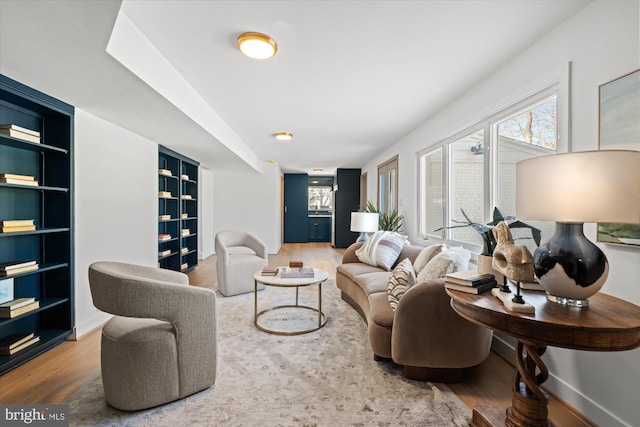 living room featuring built in shelves and wood-type flooring