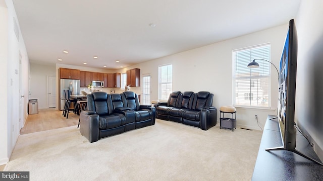 living room featuring light colored carpet