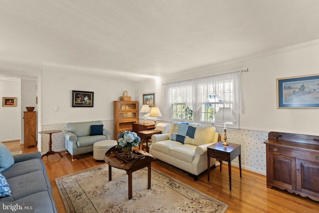 living room featuring crown molding and light hardwood / wood-style flooring