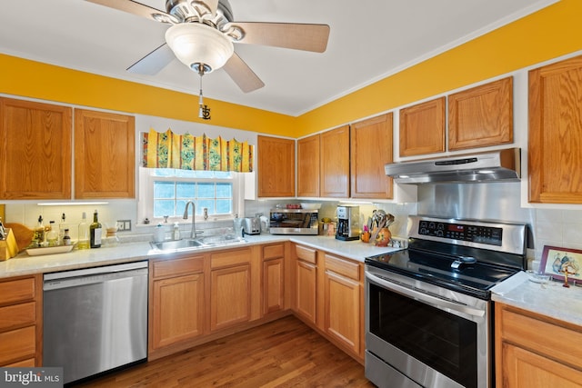 kitchen with tasteful backsplash, sink, ceiling fan, stainless steel appliances, and light hardwood / wood-style flooring